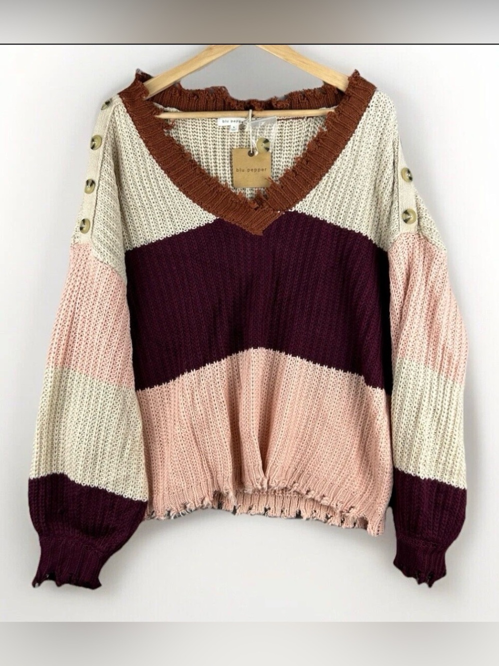 Blu Pepper Sweater Size Large Distressed Colorblock Fringe Festival Boho Stripe